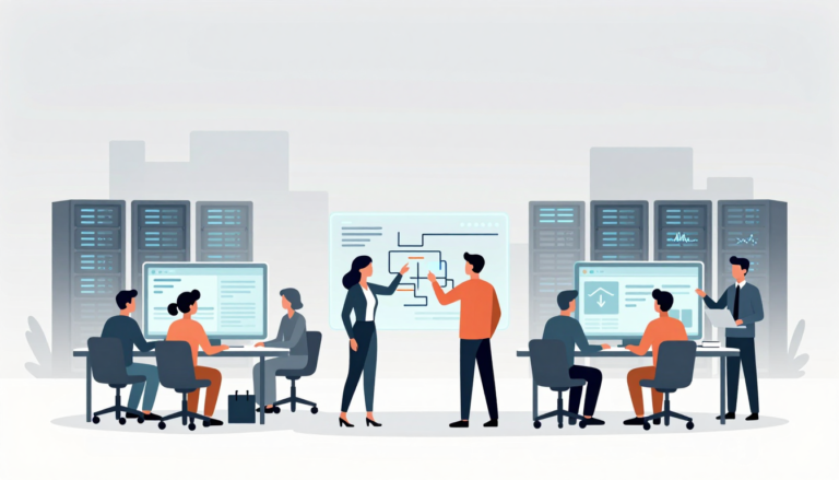 Office workers collaborate around digital workstations and holographic displays.