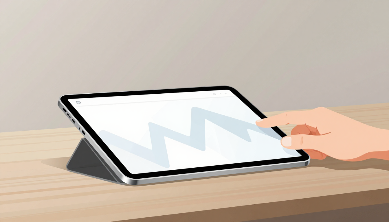 Hand holds edge of flexible tablet displaying abstract shapes.