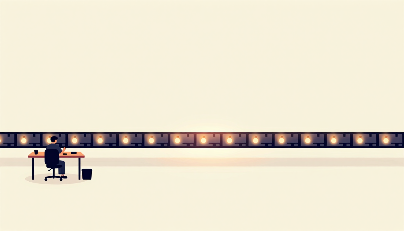 A creator sits before an endless strip of glowing video frames.
