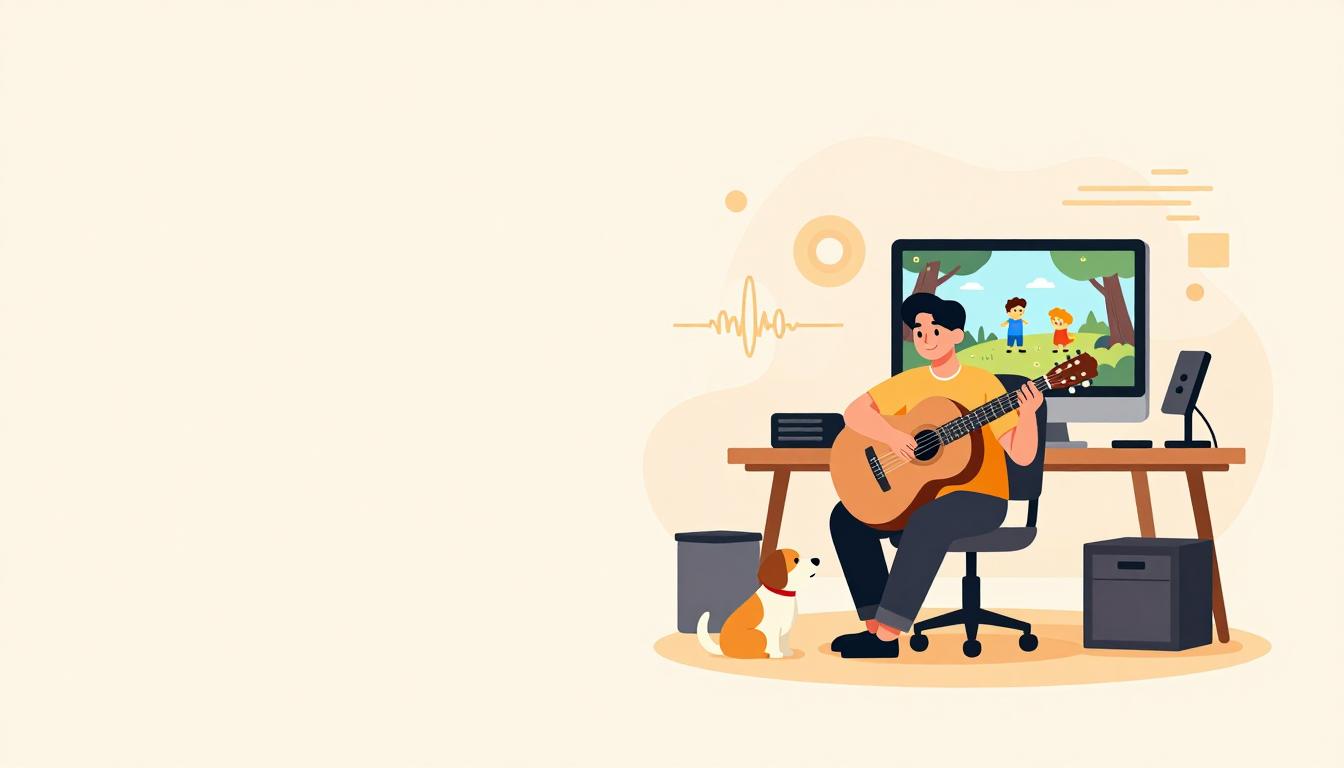 A musician plays guitar in a home studio while a dog watches nearby.