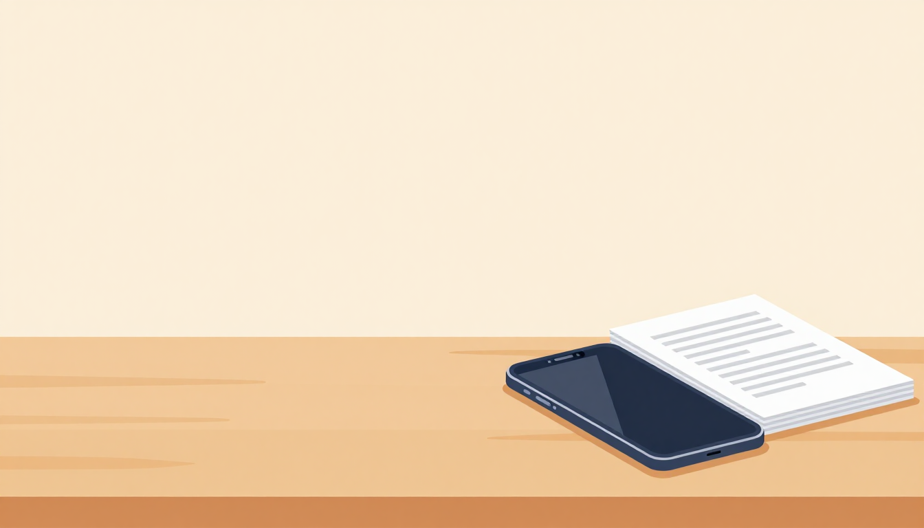 A smartphone rests face down next to stacked papers on a wooden surface.