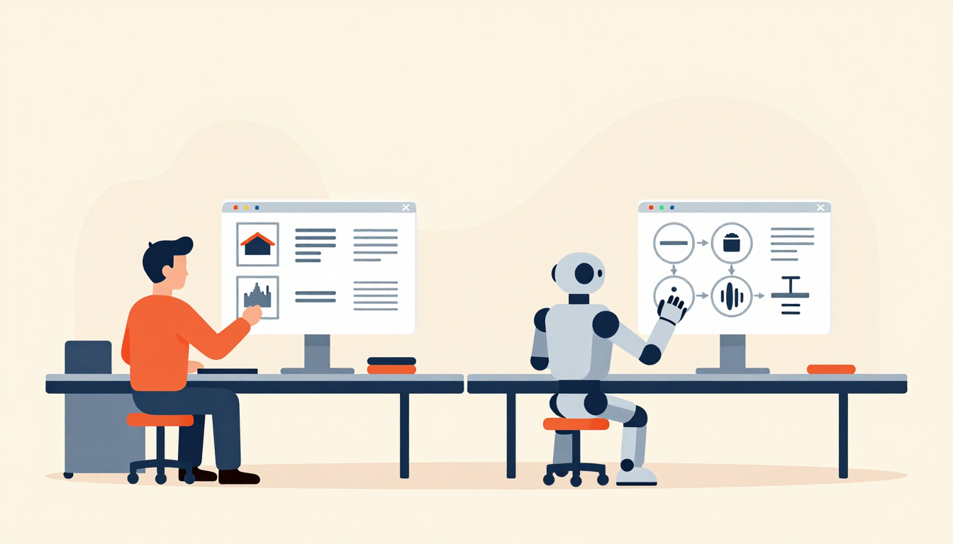Human and robot collaborate at workstations using synchronized digital interfaces.