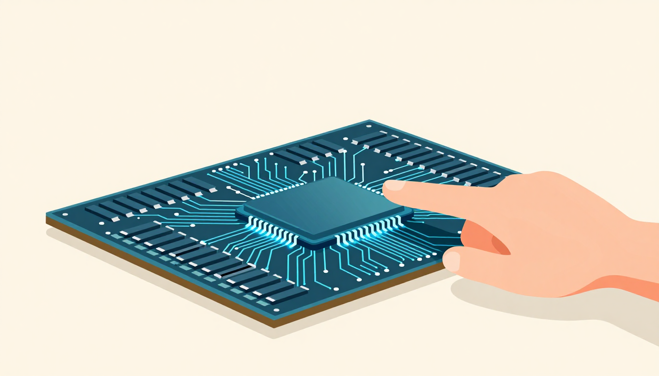 A hand gestures toward a complex computer chip with illuminated circuitry.