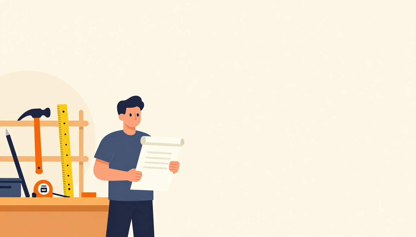 A figure stands holding a blank certificate next to a toolshelf in a workshop setting.