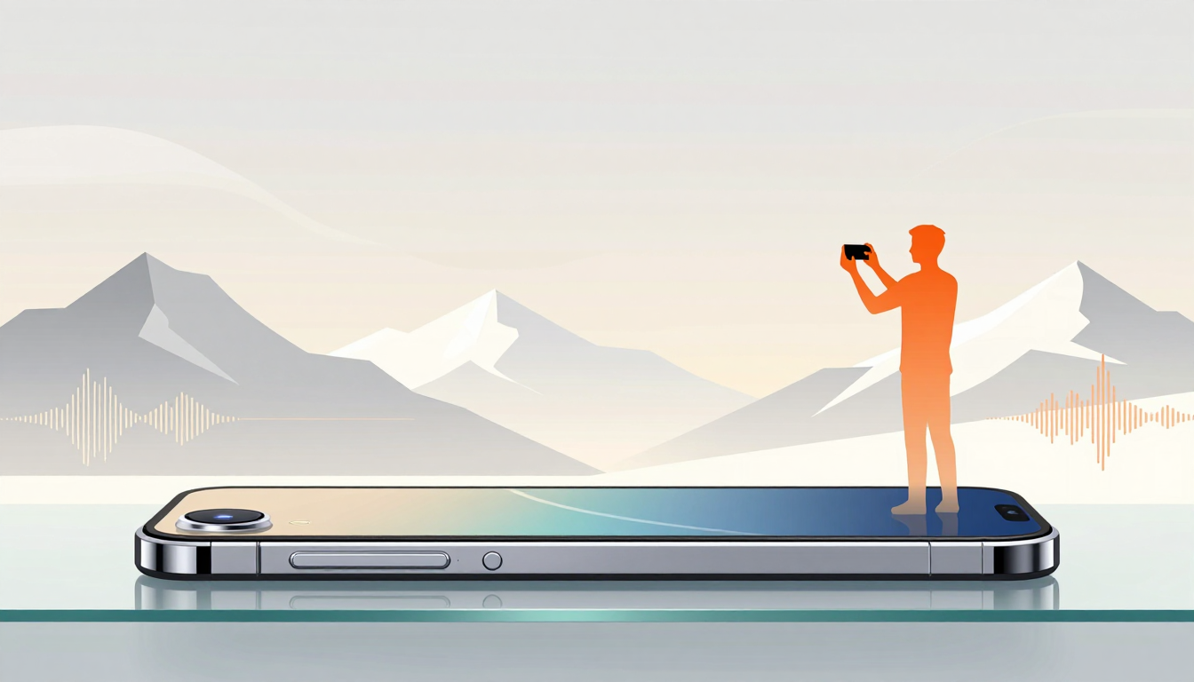 A figure stands atop a smartphone, capturing mountain views through its camera lens.