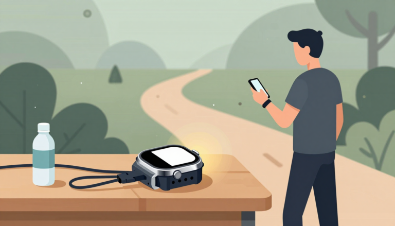 A person checks their smartphone while standing beside a charging smartwatch on a table outdoors.