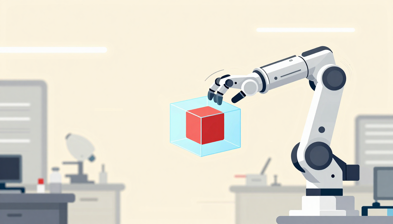 Robotic arm holds a red cube inside a holographic wireframe box.