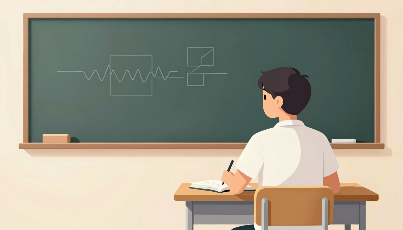 Student sits at desk writing in notebook while facing chalkboard with diagrams.