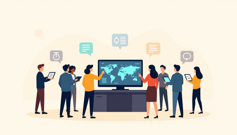 People gather around a large digital display showing a world map, interacting with it and holding tablets.