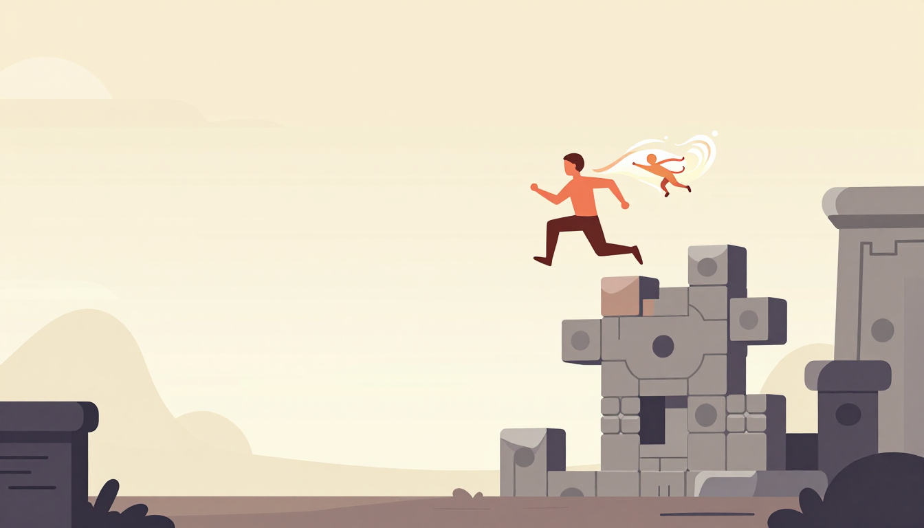 A figure transforms mid-leap over a stone puzzle in an ancient ruin setting.