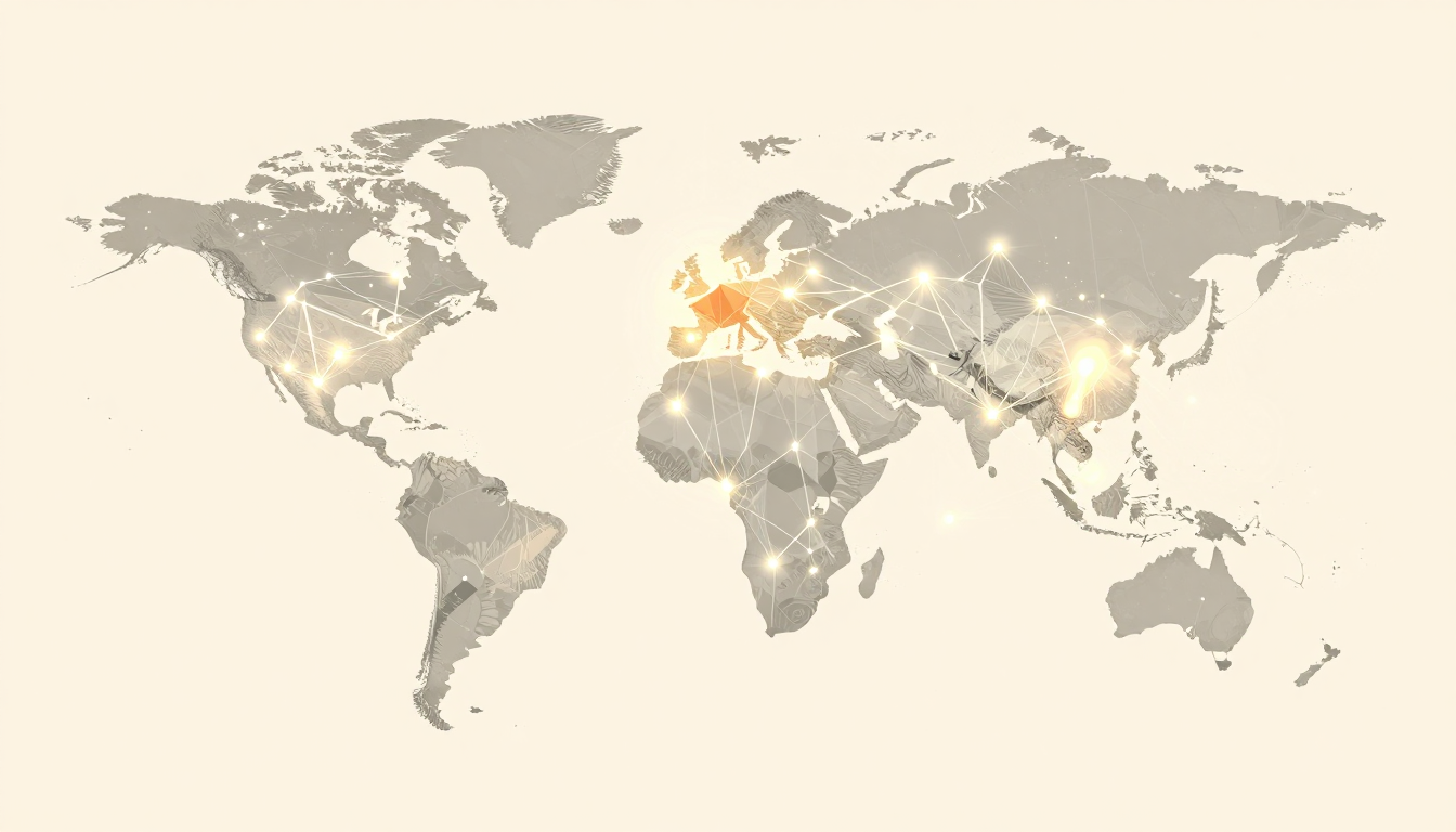 Glowing network lines connect continents on a stylized world map.