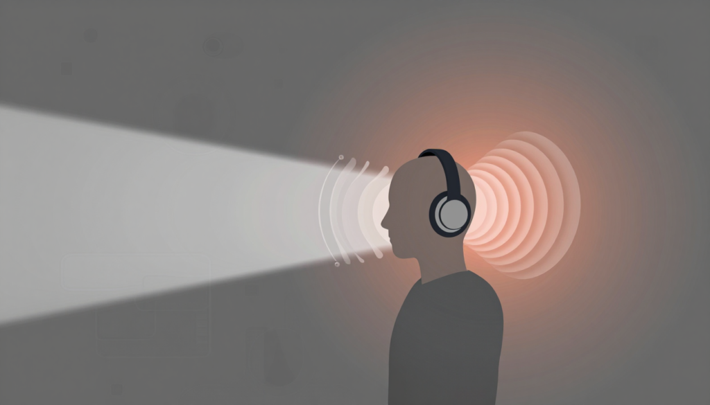 Human figure with headphones faces light beam amid wave patterns.