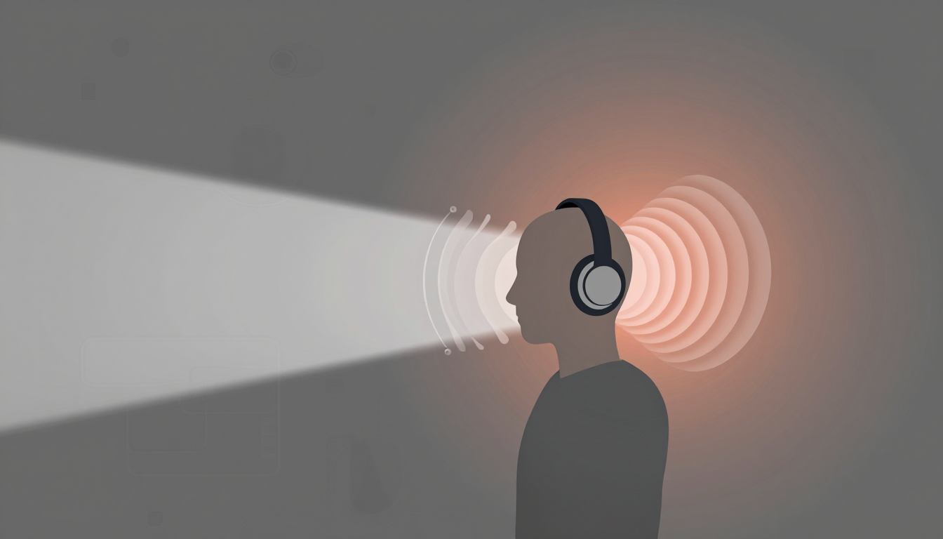 Human figure with headphones faces light beam amid wave patterns.