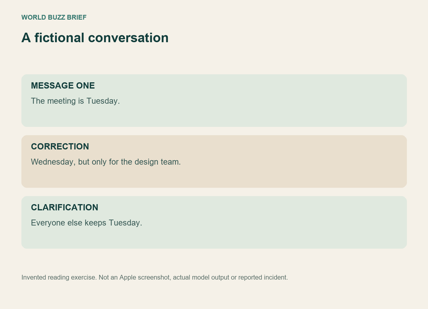 Fictional messages changing a meeting from Tuesday to Wednesday for the design team